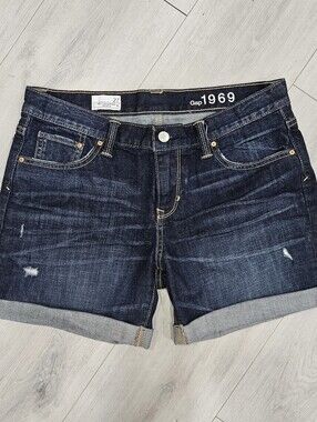 GAP 1969 Sexy Boyfriend Dark Blue Jean Shorts Fleut Wash Distressed Roll Hem 27